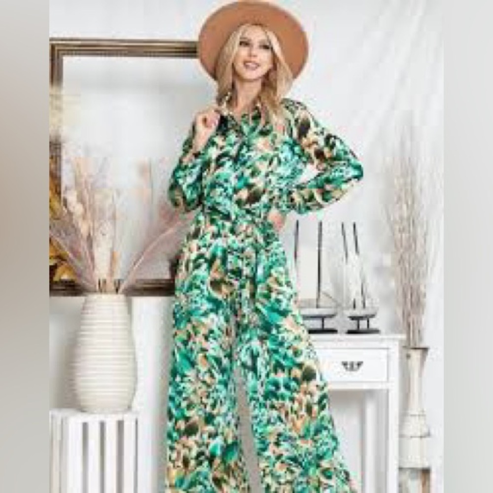 Ambition Green Patterned Long Sleeve Wide Leg Jumpsuit
